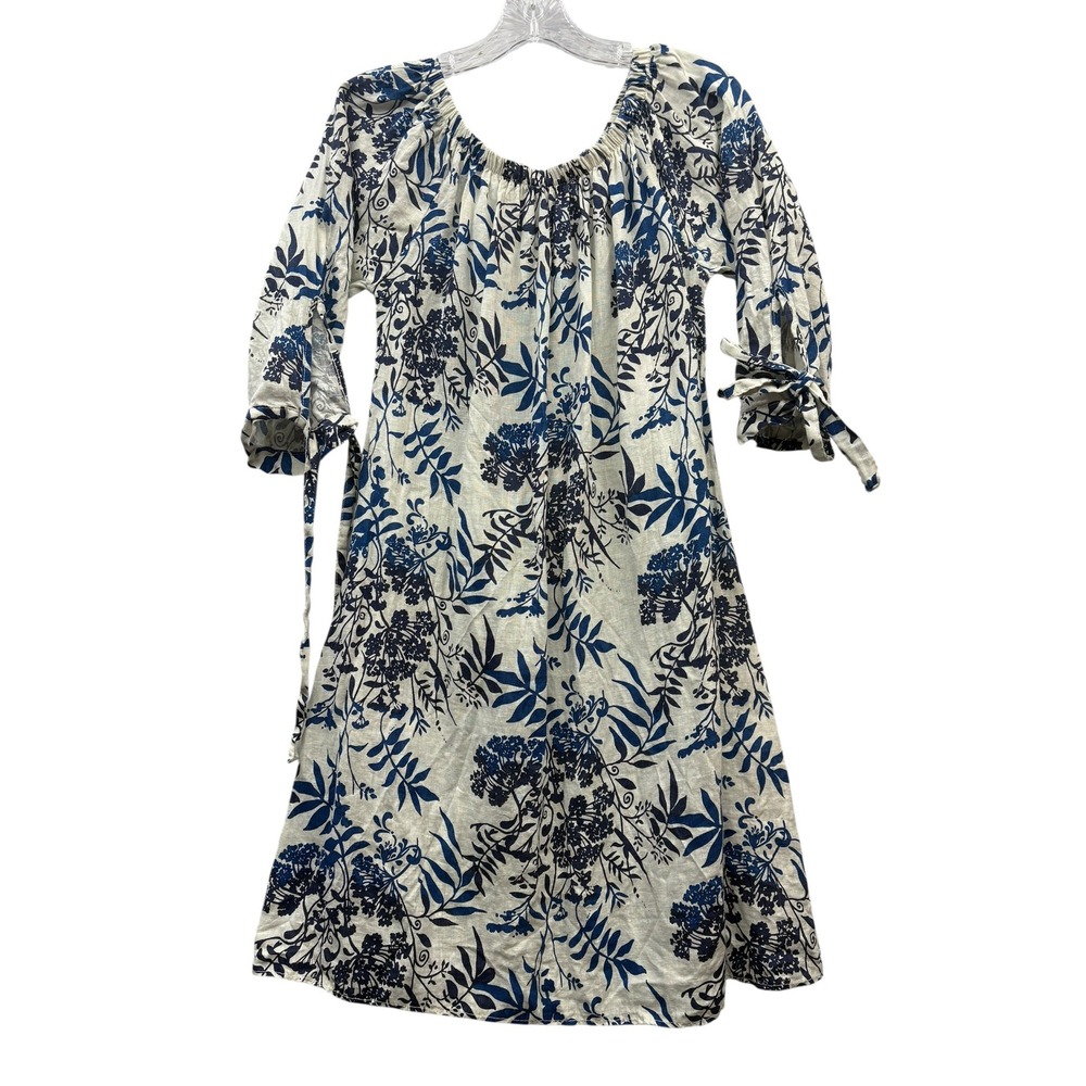 Valentina Naldi Linen Off Shoulder Boho Floral Peasant Dress‎ Blue White Italy S